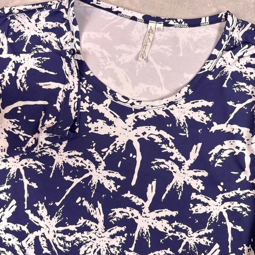 Lulu-B Womens XL Navy Blue White Palm Tree Print 3/4 Sleeve Stretch Shift Dress